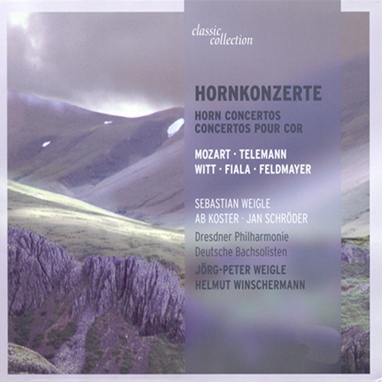 Mozart: Horn Concertos - K. 412, 417, 447, 495 - Telemann: Ouverture (Suite) in F Major - Fiala: Concerto for 2 Horns by Sebastian Weigle, Dresden Philharmonic Orchestra, Jorg-Peter Weigle, Helmut Winschermann, German Bach Soloists, Ab Koster & Jan Schröder album cover