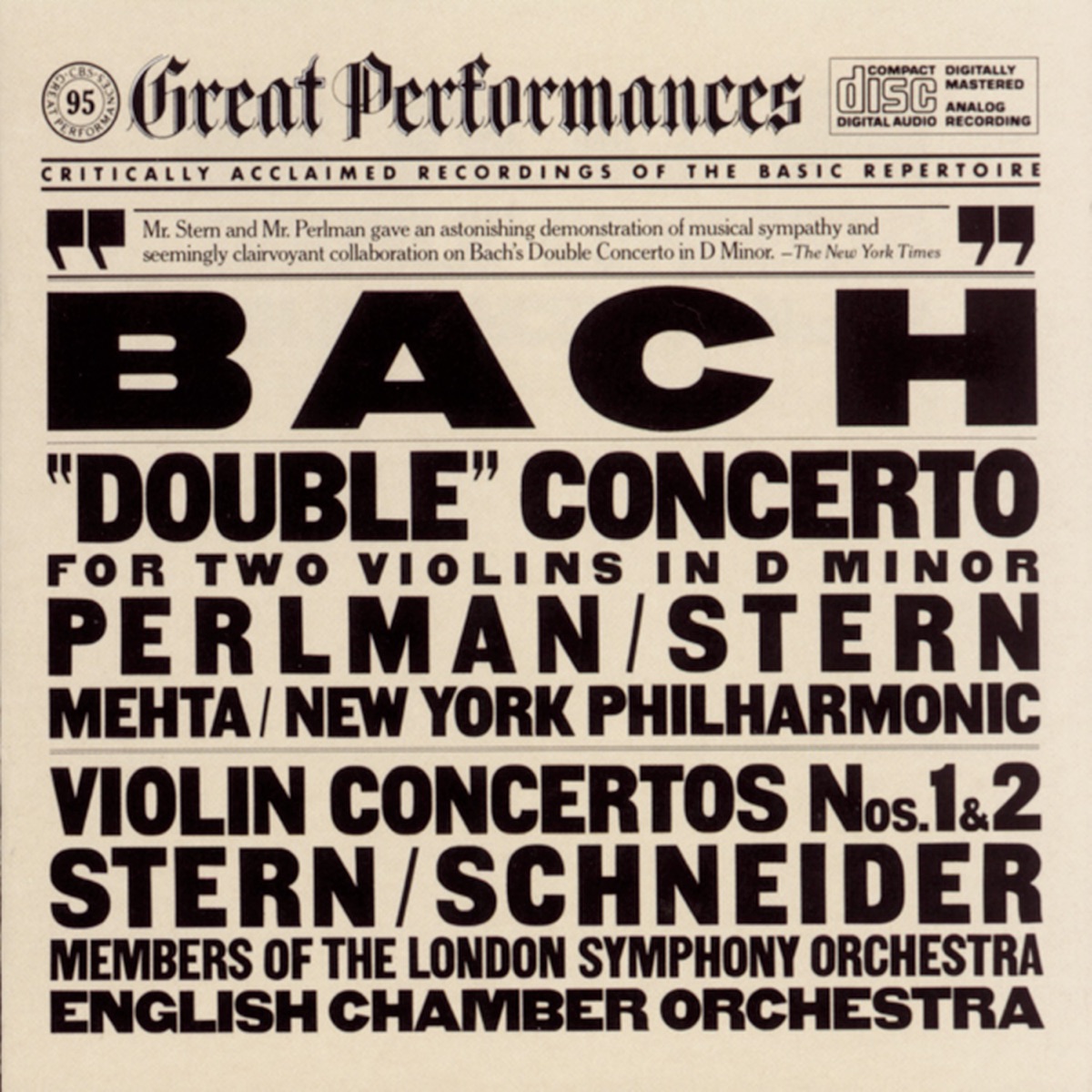 Bach: "Double" Concerto for Two Violins In D Minor & Violin Concertos Nos. 1 & 2 by Isaac Stern, Itzhak Perlman & English Chamber Orchestra album cover