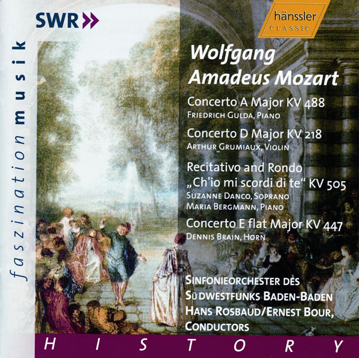 Mozart: Piano Concerto No. 23 - Violin Concerto No. 4 - Horn Concerto No. 3 by Friedrich Gulda, South West German Radio Symphony Orchestra, Baden-Baden, Arthur Grumiaux, Ernest Bour, Suzanne Danco, Maria Bergmann & Dennis Brain album cover