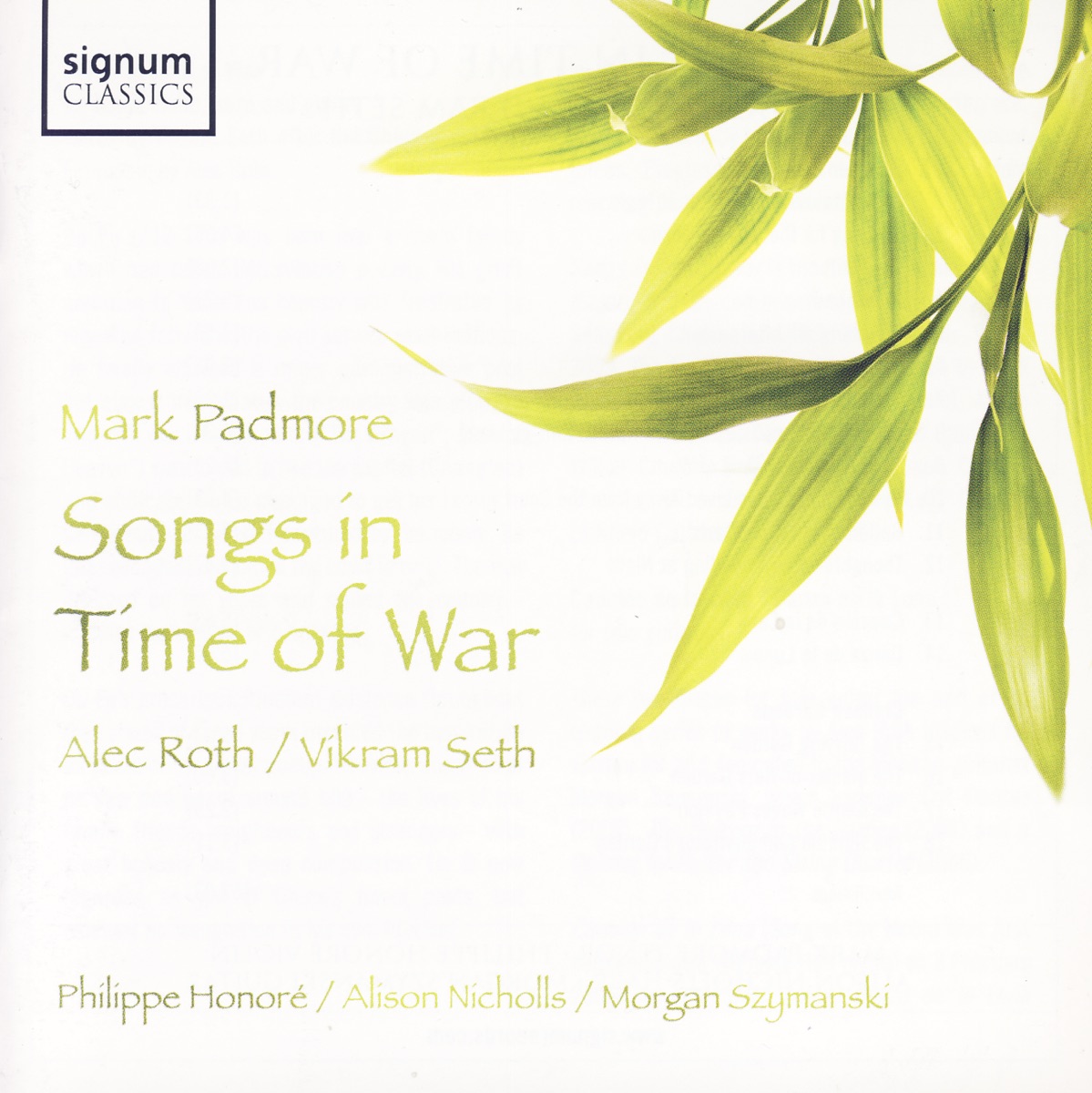 Songs In Time of War by Mark Padmore, Philippe Honoré, Alison Nicholls & Morgan Szymanski album cover