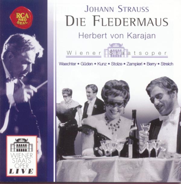 J. Strauss: Die Fledermaus by Herbert von Karajan, Orchestra of the Vienna State Opera, Chorus of the Vienna State Opera, Gustav Pick, Giuseppe di Stefano, Eberhard Wächter, Hilde Gueden, Rita Streich & Walter Berry album cover