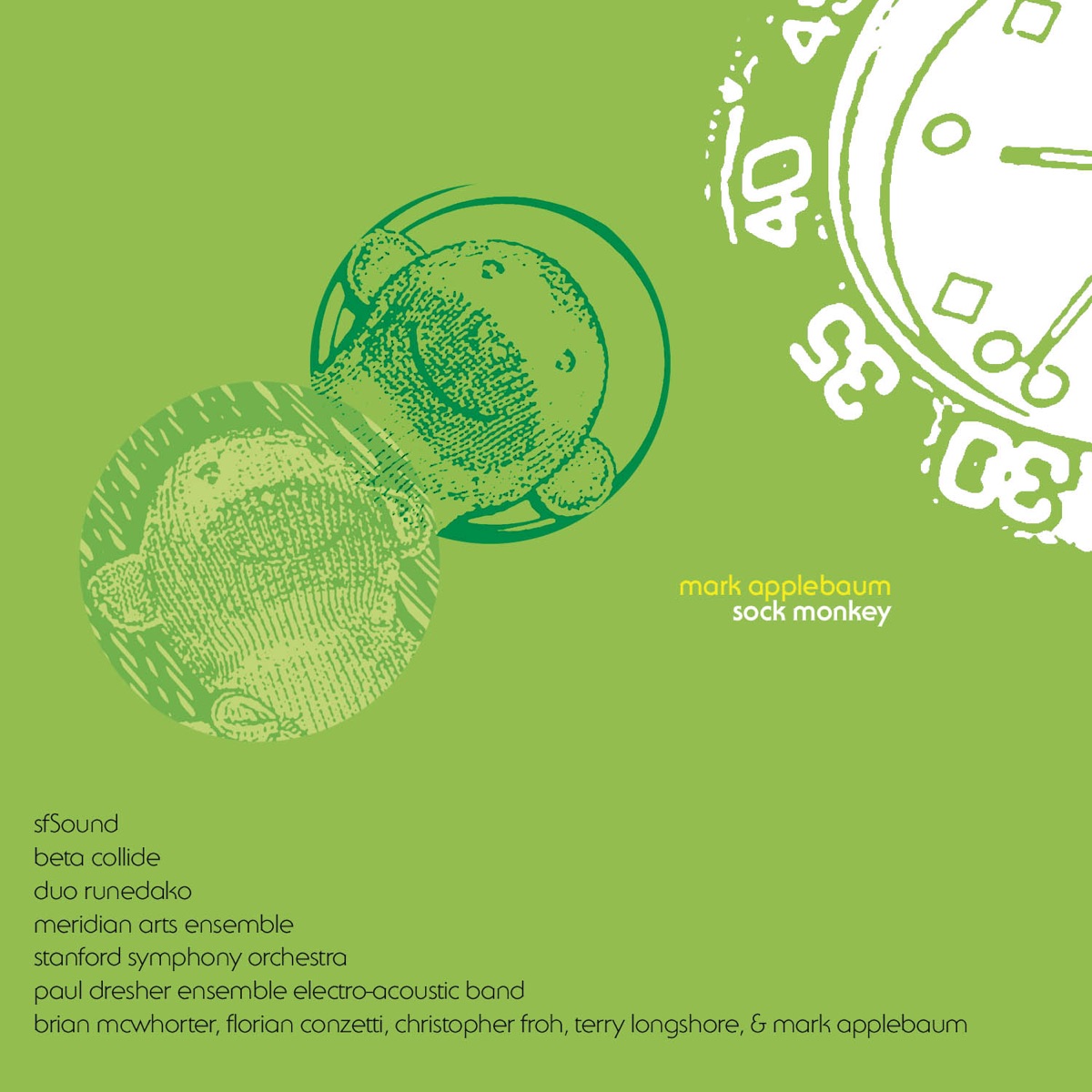 Applebaum, M.: Sock Monkey by Mark Applebaum, Meridian Arts Ensemble, Christopher Jones, sfSound, Terry Longshore, Florian Conzetti, Christopher Froh, Beta Collide, Brian McWhorter, Paul Dresher Electro-Acoustic Band, Duo Runedako, Jindong Cai & Stanford Symphony Orchestra album cover