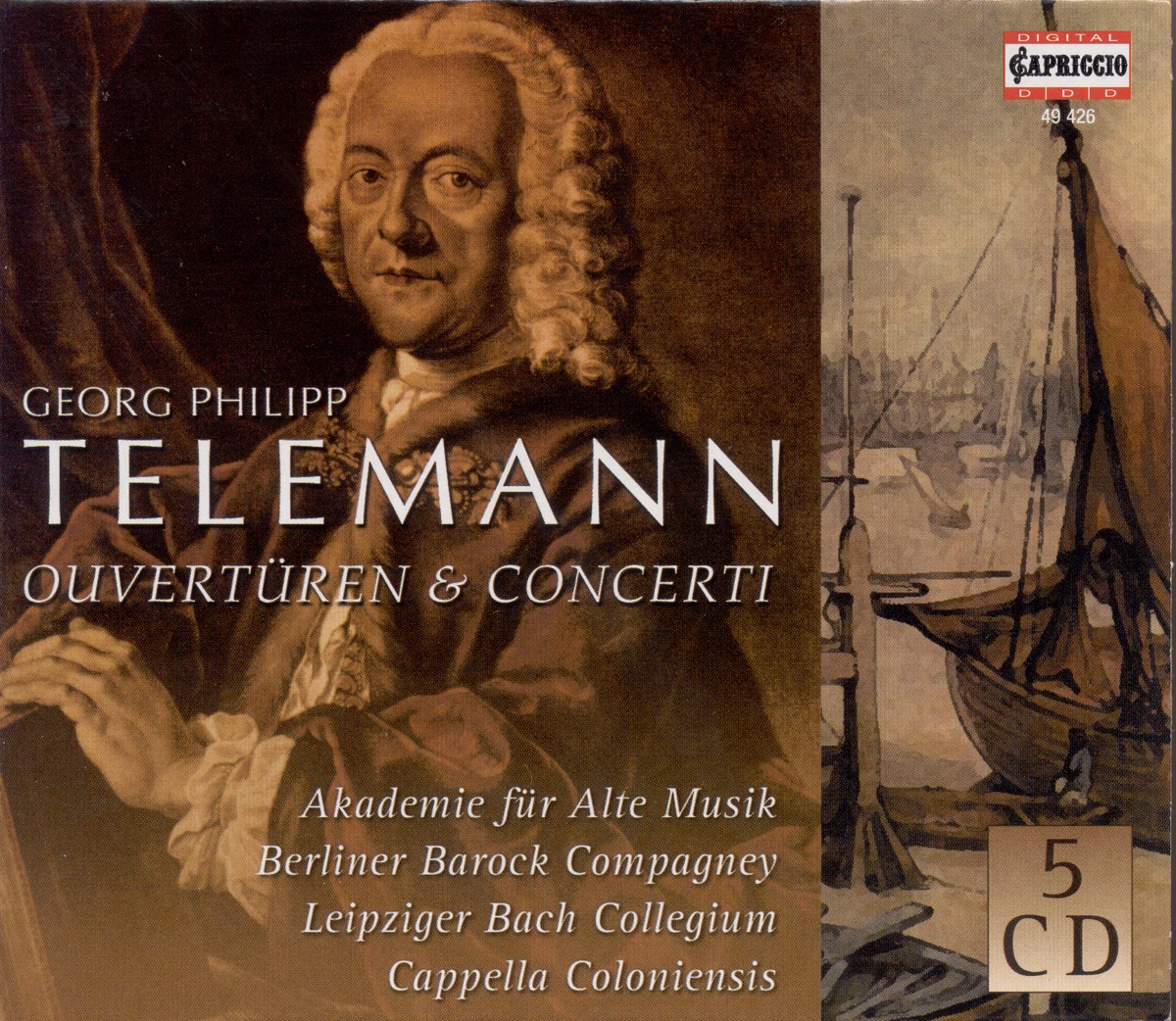 Telemann, G.P.: Overtures - Concertos - Chamber Music by Cappella Coloniensis, Hans-Martin Linde, Béla Bánfalvi, Reinhold Friedrich, Alain De Rudder, Holger Bronner, Budapest Strings, Helmut Winschermann, German Bach Soloists, Wolfgang Basch, Albert Oesterle, Christine Schornsheim, Academy for Ancient Music Berlin, Siegfried Pank, Ab Koster, Jan Schröder, Eckart Haupt, Dresden Baroque Soloists, Christoph Huntgeburth, Berliner Barock-Compagney, Leipzig Bach Collegium, Karl-Heinz Passin, Klaus Peter Gutz, Georg Fischer, Konrad Hunteler & Günther Höller album cover