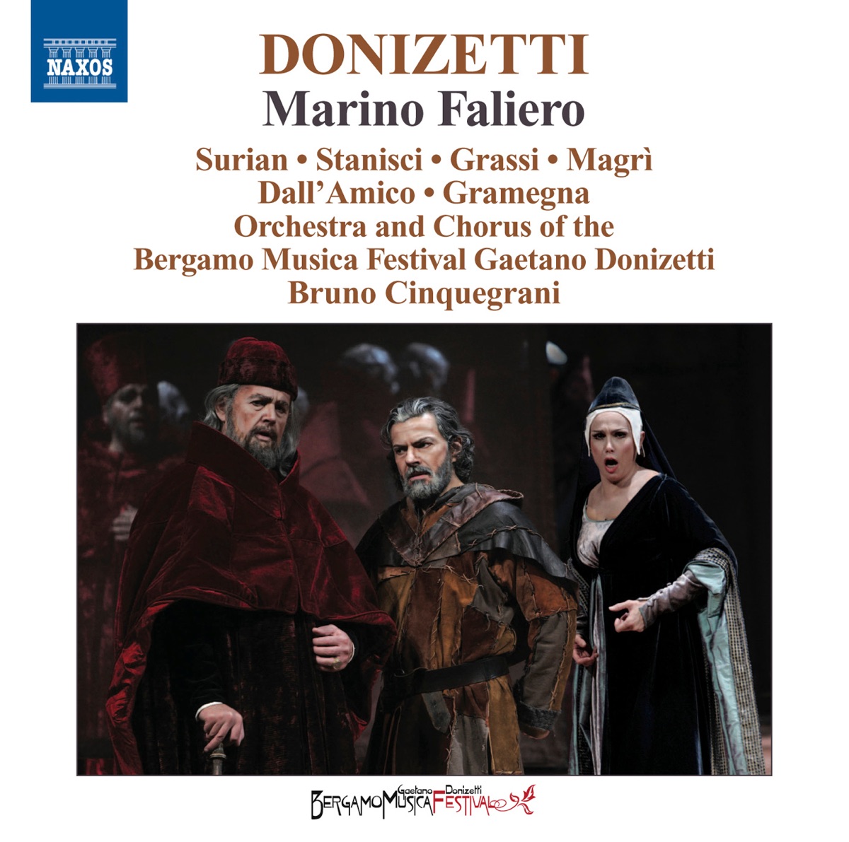 Donizetti: Marino Faliero (1835 Version) by Giorgio Surian, Luca Grassi, Leonardo Gramegna, Luca Dall'Amico, Bergamo Musica Festival Chorus, Bergamo Musica Festival Orchestra, Giuseppe Di Paola, Livio Scarpellini, Rachele Stanisci, Ivan Magri, Bruno Cinquegrani, Domenico Menini, Paola Spissu, Aleksandar Stefanovski, Enrico Marchesini, Elvis Fanton & Moya Gonzalo Ezequiel album cover