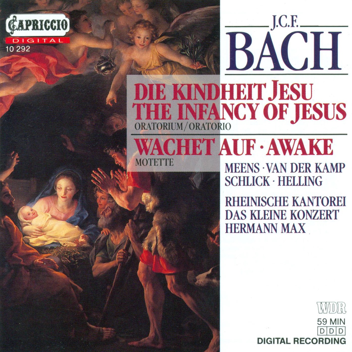 Bach, J.C.F.: Kindheit Jesu (Die) - Wachet Auf, Ruft Uns Die Stimme - 5 Sacred Songs by Hermann Max, Das Kleine Konzert, Harry van der Kamp, Martina Lins, Almut Kirchner, Hein Meens, Barbara Schlick, Hilke Helling, Rheinische Kantorei, Christoph Krummacher & Gotthold Schwarz album cover