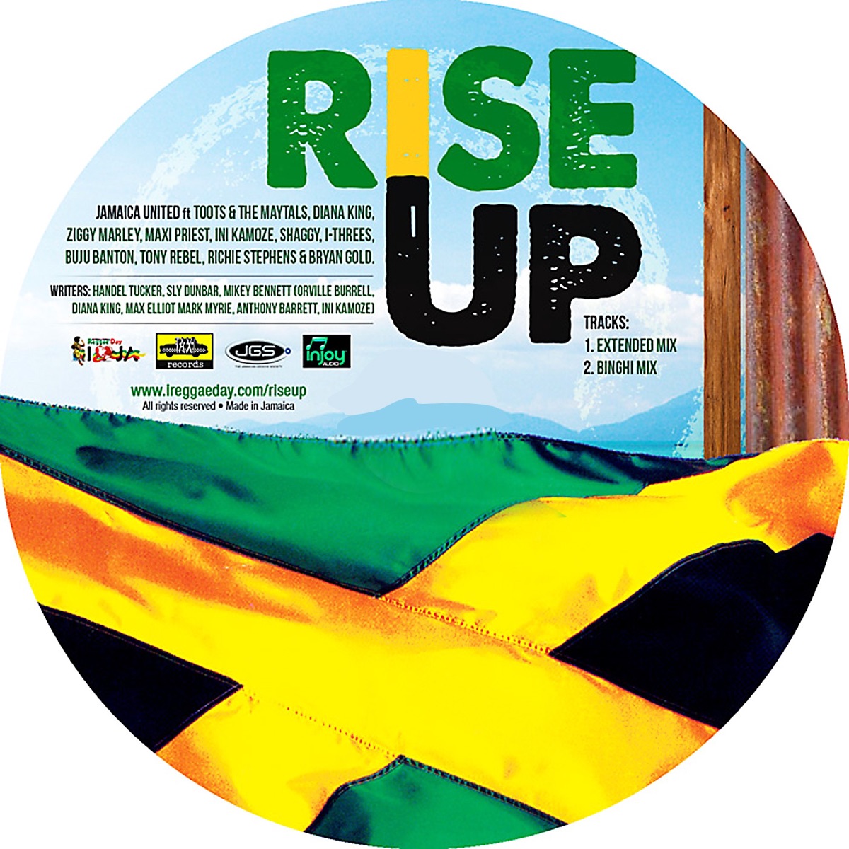 RISE UP - Jamaica United (Extended Mix) - Single by Toots Hibbert, Ziggy Marley, Diana King, Buju Banton, Ini Kamoze, Maxi Priest, Shaggy, Tony Rebel, I-Three, Brian Gold, Handel Tucker, Lowell 'Sly' Dunbar & Mikey Bennett album cover