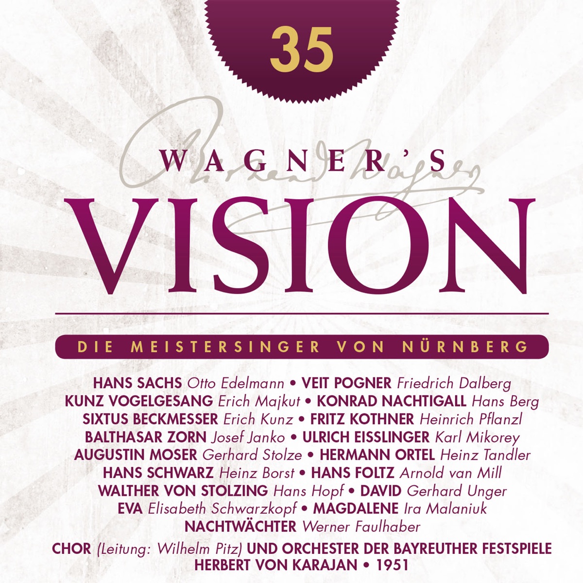 Wagner's Vision: Die Meistersinger von Nurnberg - Highlights (The Mastersingers of Nuremberg) [Recorded 1951] by Josef Janko, Erich Majkut, Erich Kunz, Arnold van Mill, Werner Faulhaber, Elisabeth Schwarzkopf, Otto Edelmann, Bayreuth Festival Chorus, Herbert von Karajan, Bayreuth Festival Orchestra, Hans Berg, Heinrich Pflanzl, Heinz Tandler, Heinz Borst, Gerhard Unger, Ira Malaniuk, Frederick Dalberg, Karl Mikorey, Gerhard Stolze & Hans Hopf album cover