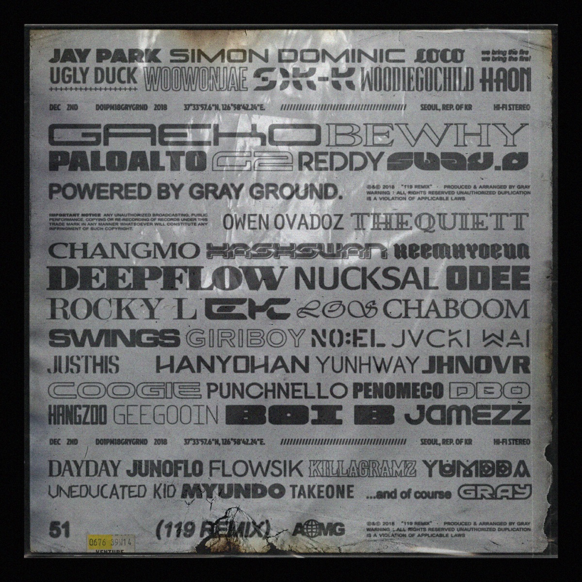119 REMIX - EP by Bewhy, Boi B, Chaboom, CHANGMO, Coogie, DayDay, Dbo, Deepflow, EK, Flowsik, g2, Gaeko, Geegooin, GIRIBOY, GRAY, Hangzoo, HAON, Hash Swan, Ja Mezz, Jay Park, Jhnovr, Junoflo, 저스디스 (JUSTHIS), Jvcki Wai, Keem Hyo-Eun, KillaGramz, Loco, myunDo, NO:EL, Nucksal, ODEE, Owen, PENOMECO, punchnello, REDDY, Rocky L, Sik-K, Simon Dominic, Sway D, Swings, TAKEWON, The Quiett, Ugly Duck, UNEDUCATED KID, YUMDDA, YUNHWAY, Woo, Han Yo Han, Woodie Gochild, Paloalto & Los album cover