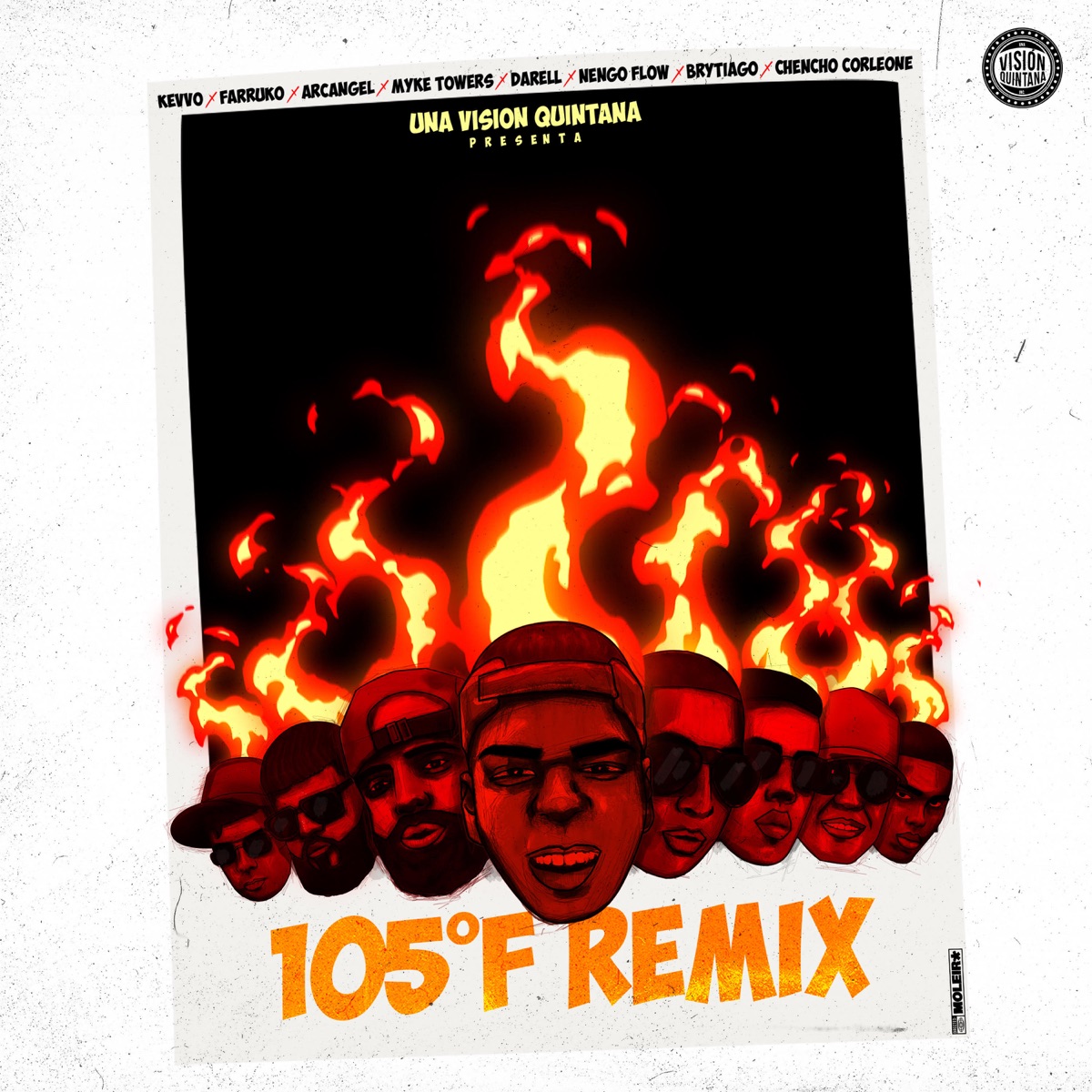 105 F (Remix) [feat. Arcángel, Ñengo Flow, Darell, Myke Towers & Brytiago] - Single by KEVVO, Farruko & Chencho Corleone album cover