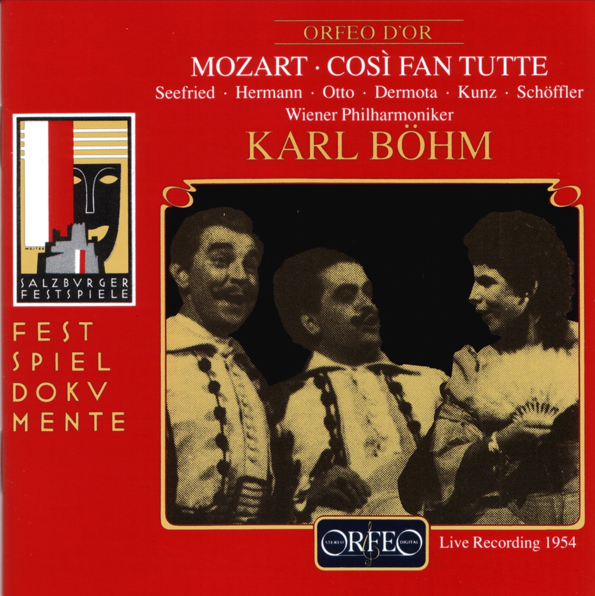 Mozart: Così fan tutte, K. 588 (Live 1954) by Vienna Philharmonic, Karl Böhm, Irmgard Seefried, Dagmar Hermann, Anton Dermota, Erich Kunz, Paul Schoffler & Lisa Otto album cover