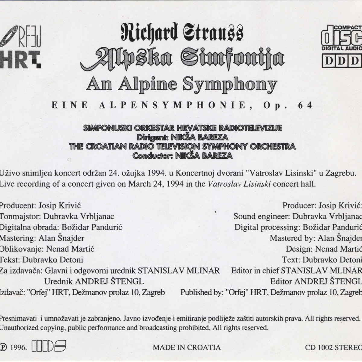 Richard Strauss - Alpska Simfonija by Niksa Bareza & Simfonijski Orkestar HRT-a album cover