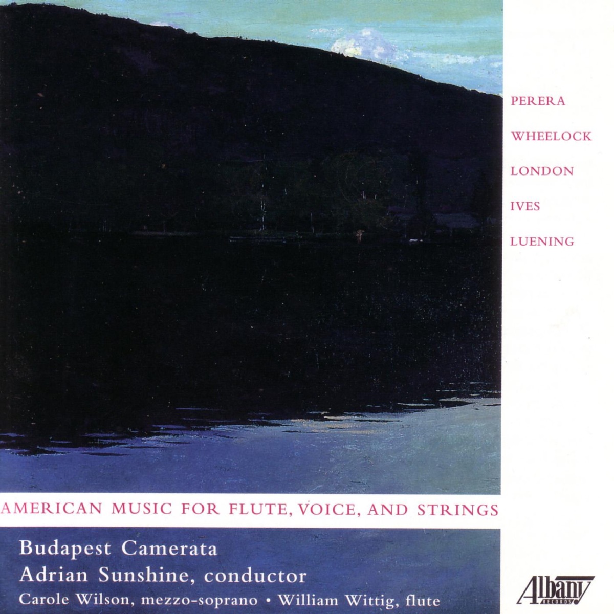 American Music for Flute, Voice, and Strings by Adrian Sunshine, Budapest Camerata, Budapest Symphony, Carole Wilson & William Wittig album cover