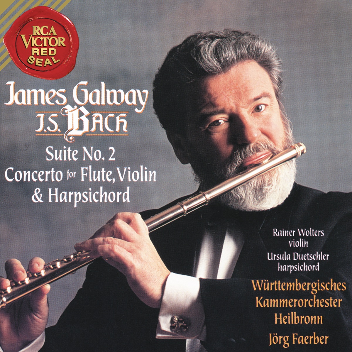 James Galway Plays Bach: Suite No. 2 & Concerto for Flute, Violin and Harpsichord by James Galway, Rainer Wolters, Ursula Dütschler, Württemberg Chamber Orchestra Heilbronn & Jörg Faerber album cover