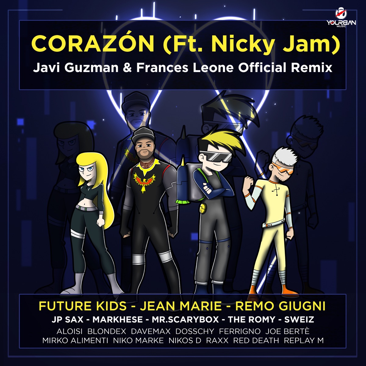 Corazón (Javi Guzman & Frances Leone Remix) [feat. JJ Faro, Nicky Jam, Aloisi, JP Sax, Nikos D, Replay M, Sweiz, Blondex, DAVEMAX, Dosschy, FERRIGNO, Joe Berte', Markhese, Mirko Alimenti, Mr. Scarybox, NIKO MARKE, Red Death, The Romy, Raxx, Frances Leone & Javi Guzman] - Single by Future Kids, Jean Marie & Remo Giugni album cover