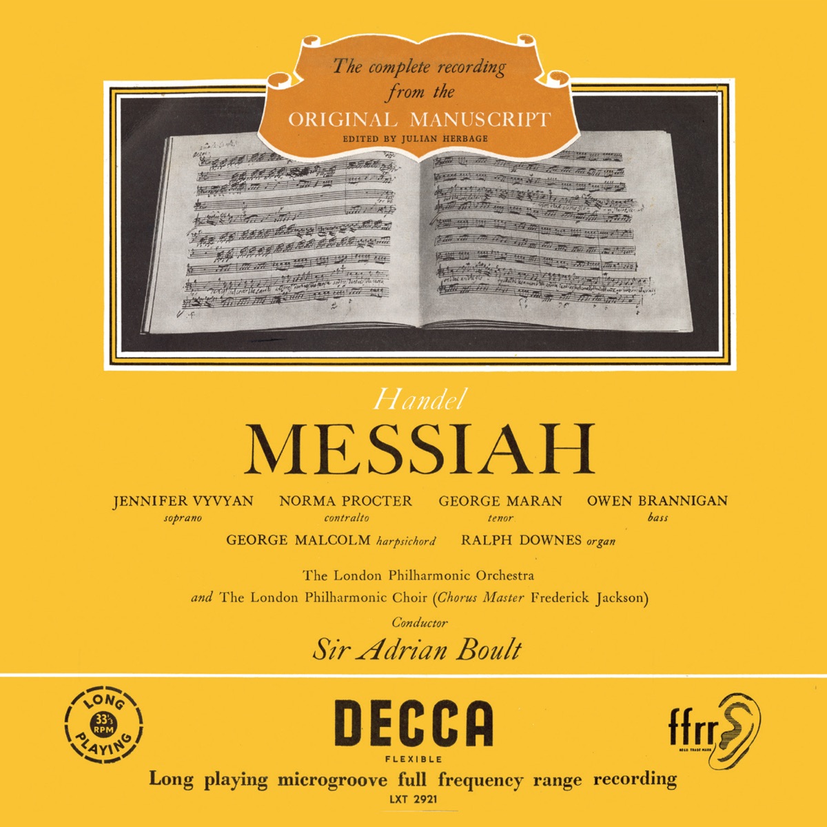 Handel: Messiah (Adrian Boult – The Decca Legacy II, Vol. 1) by Jennifer Vyvyan, Norma Procter, George Maran, Owen Brannigan, London Philharmonic Choir, Frederic Jackson, London Philharmonic Orchestra & Sir Adrian Boult album cover