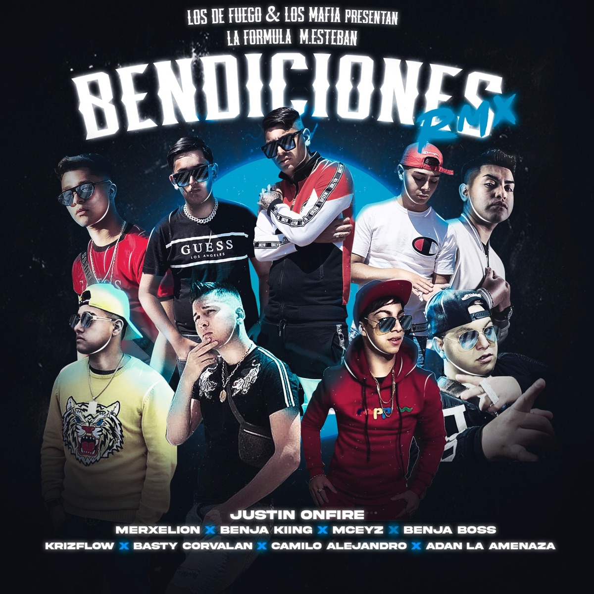 Bendiciones (feat. Adan La Amenaza, KrizFlow, Basty Corvalan, BenjaKiing, Camilo Alejandro, Benja Boss, Merxelion & Mceyz) [Remix] - Single by Justin Onfire album cover
