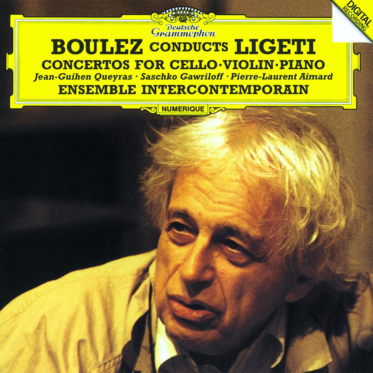Ligeti: Cello Concerto, Violin Concerto & Piano Concerto by Jean-Guihen Queyras, Ensemble Intercontemporain, Pierre Boulez, Saschko Gawriloff & Pierre-Laurent Aimard album cover