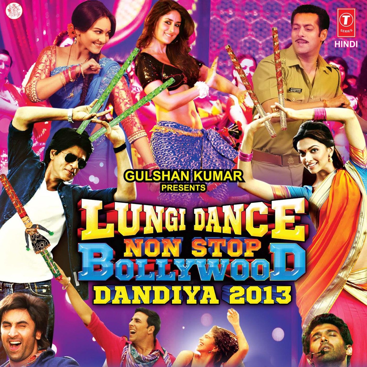 Lungi Dance Non Stop Bollywood Dandiya - 2013 by Yo Yo Honey Singh, Ankit Tiwari, Arijit Singh, Benny Dayal, Daler Mehndi, Mamta Sharma, Meet Bros Anjjan, Monali Thakur, Neeraj Shridhar, Neeti Mohan, Palak Muchhal, Rahat Fateh Ali Khan, Rekha Bhardwaj, Shreya Ghoshal, Sunidhi Chauhan, Tochi Raina, Tulsi Kumar & Pankaj Bhatt album cover