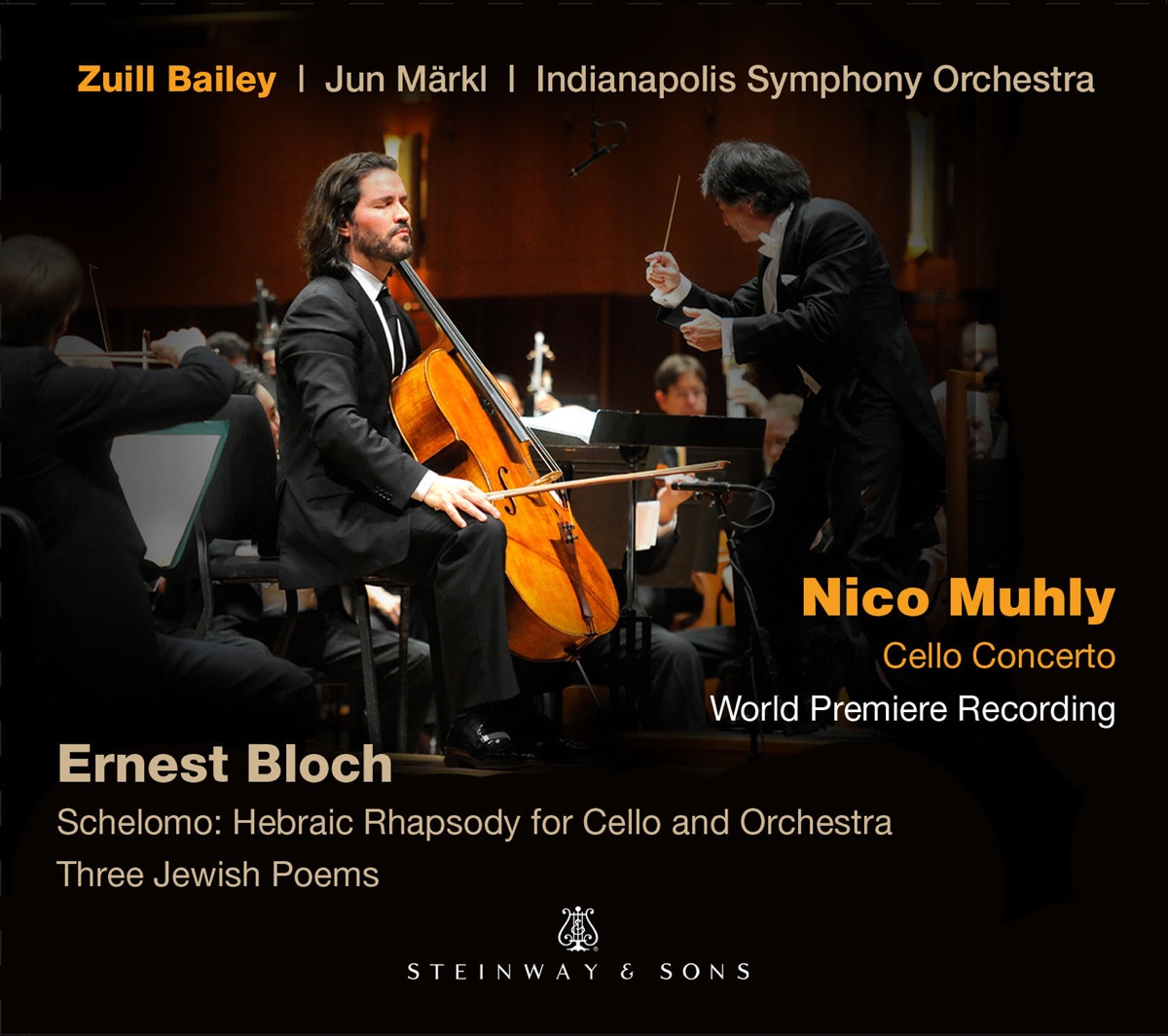 Muhly: Cello Concerto - Bloch: Schelomo & 3 Jewish Poems by Zuill Bailey, Indianapolis Symphony Orchestra & Jun Märkl album cover